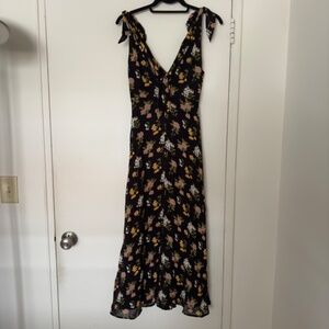 Reformation Black Floral Tie-Front Midi Dress